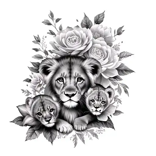 Can you make me a tattoo with lotus flowers,  roses, peony flowers surrounding a baby lion cub, Lioness and 2 other cub? tattoo design idea