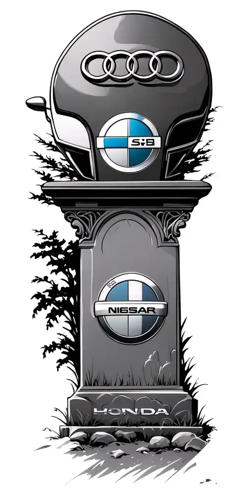 graveyard scene with Audi, bmw, Nissan Honda and Subaru logos on the tombstones  tattoo design idea