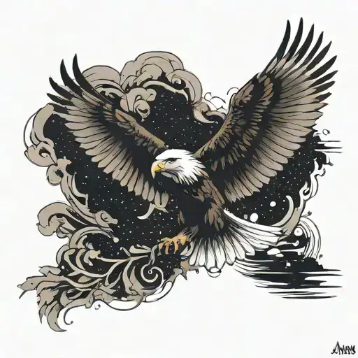 Minimalist design of a tattoo with an eagle in flight, integrating the name “Auã” in Japanese (アウアン) in a harmonious way. tattoo design idea