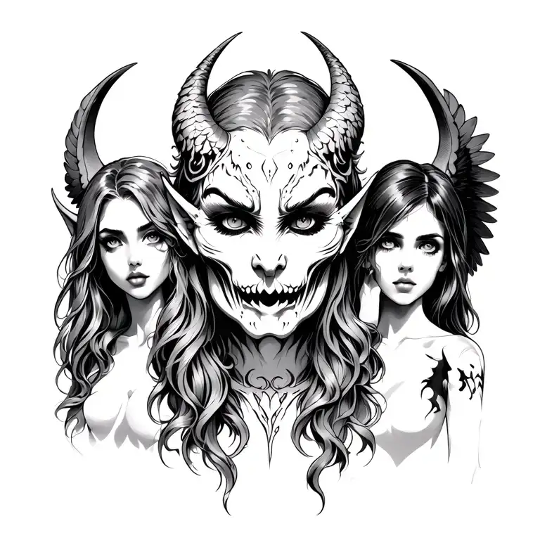 demon face with good girl demon and bad angel standing on each side tattoo design idea