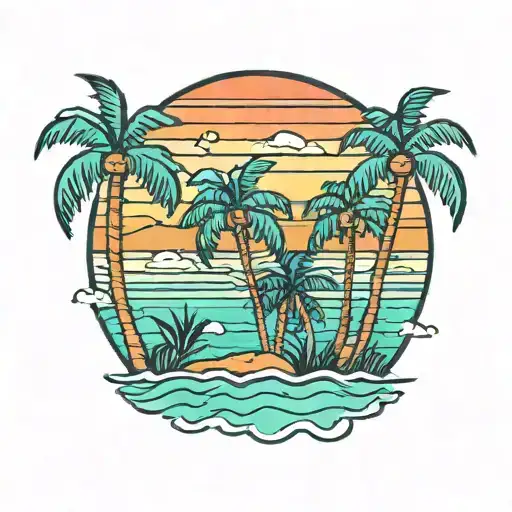 Bold Lines Coastline Ocean Sunset Palm Trees Teal And Orange  tattoo design idea