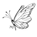 butterfly with big wings with initials MJ on one wing and MA on the other. with the word resilience outlining one wing c tattoo design idea