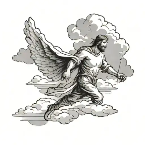 a man walking to heaven with clouds and bright light tattoo design idea