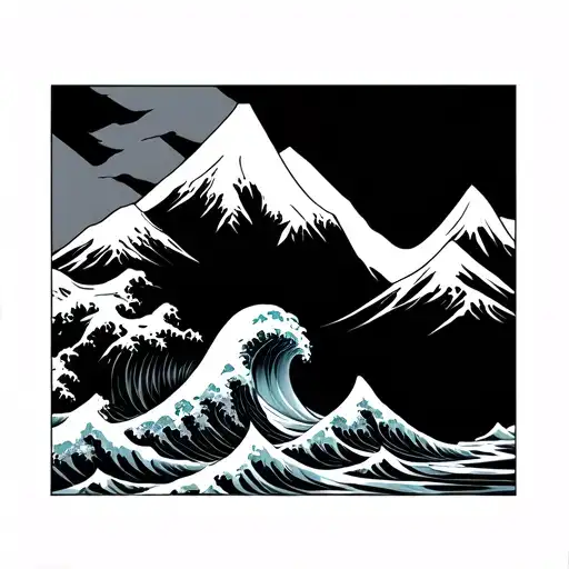 tsunami against snowy mountain tattoo design idea