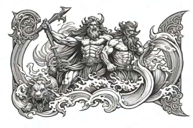 poseidon with trident and waves crashing and hades with cerberus tattoo design idea