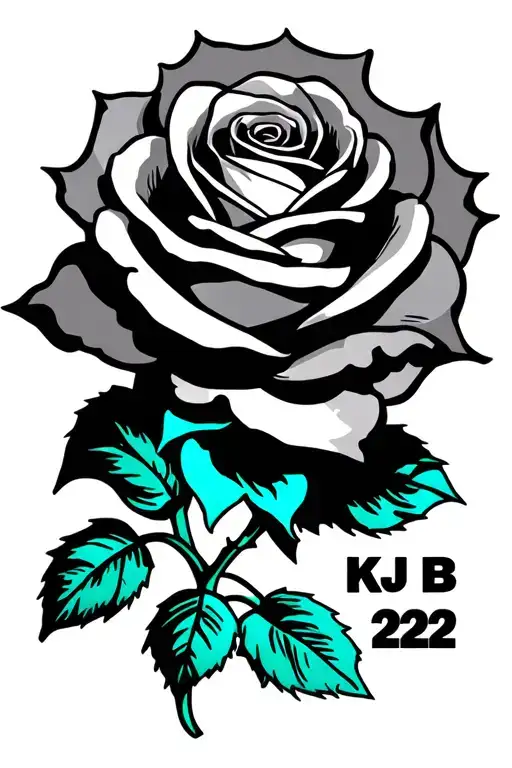 "KJ RB 22" Black and teal wrapped rose tattoo design idea