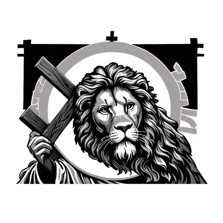 lion with Jesus Christ carrying cross or in the background there is crosses and fit yingyang somwhere tattoo design idea
