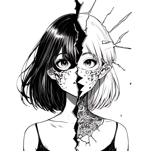 anime girl with broken glass mask split in half tattoo design idea