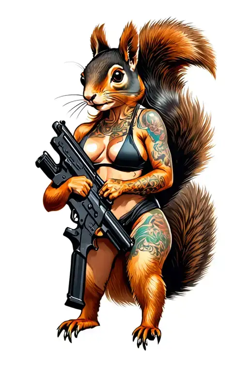 squirrel female sexy, fit and strong, holding colt c8 rifle tattoo design idea