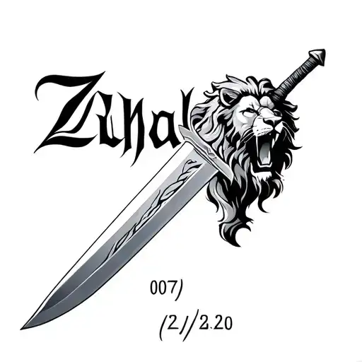 "Zuhal 07/25/20" a sword with lion roaring tattoo design idea