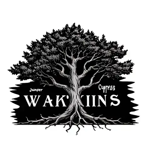 Tree tatoo with roots spelling WATKINS, one branch spelling Juniper, another branch spelling Cypress and a third branch  tattoo design idea