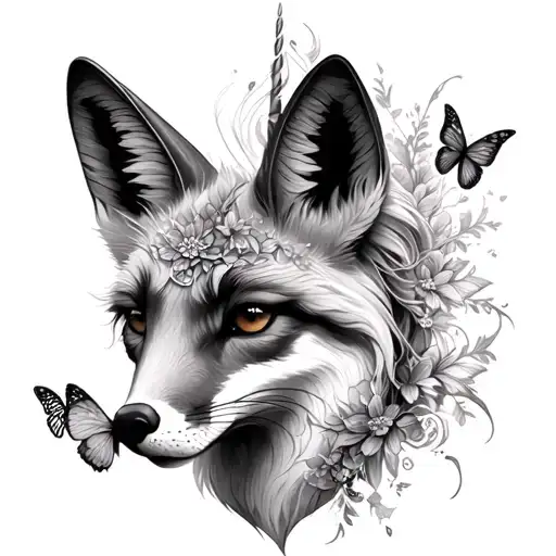 fox head Unicorns and fairies butterflys tattoo design idea