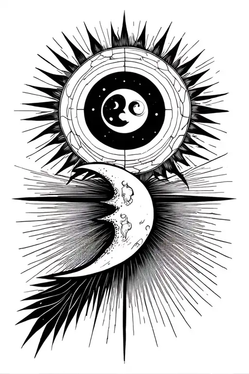 sun and moon, esoteric, linear, rays tattoo design idea