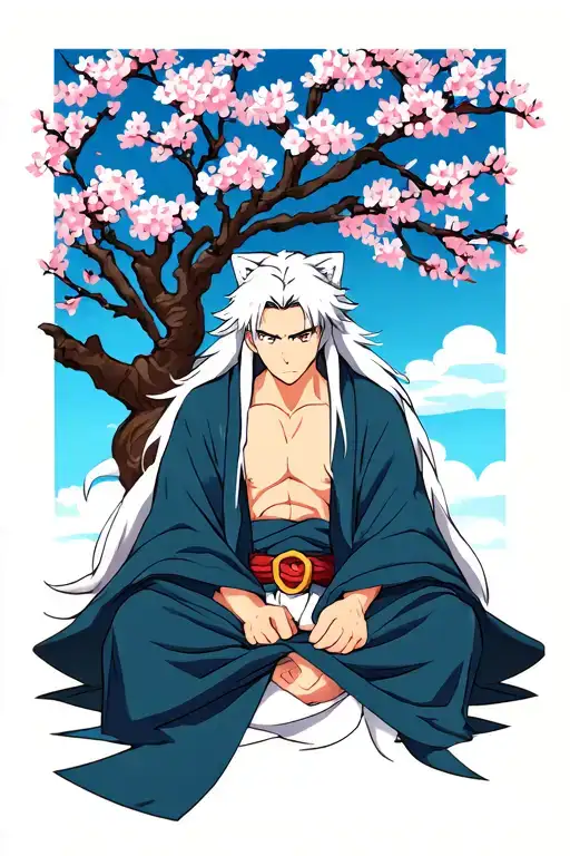 Male Sesshomaru from Inuyasha sitting under a cherry blossom tree tattoo design idea