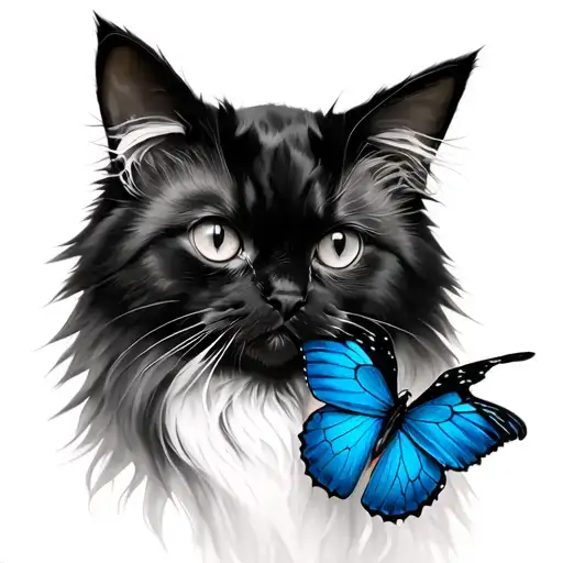 fluffy black cat with butterfly tattoo design idea