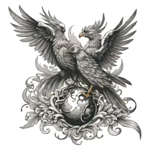 Two phoenixes look at the fireball tattoo design idea