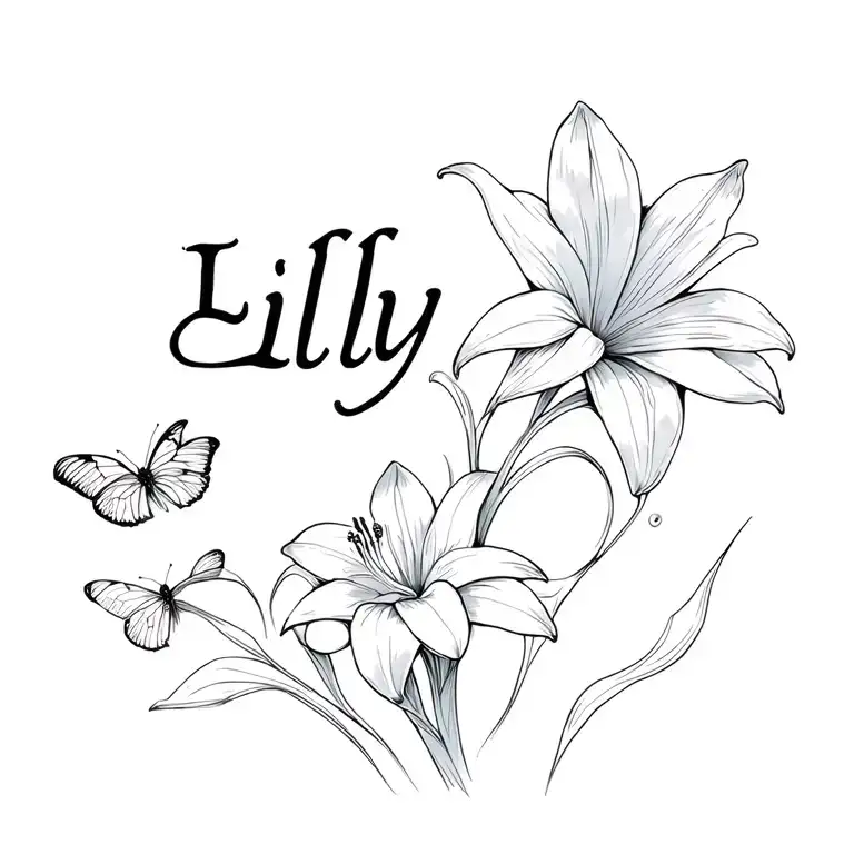 the name Lilly with a small lily entwined lily flower and two butterflies  tattoo design idea