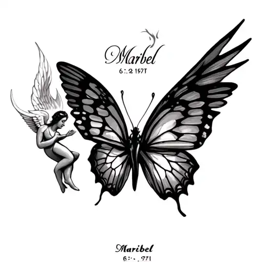 butterfly's with wings on fire very small with the name Maribel with an angel with wings. digital clock time 6:18:1971 tattoo design idea