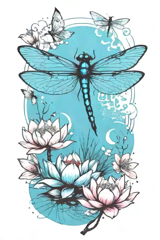 Dragonfly resting on a lotus flower with cherry blossom petals falling around them tattoo design idea