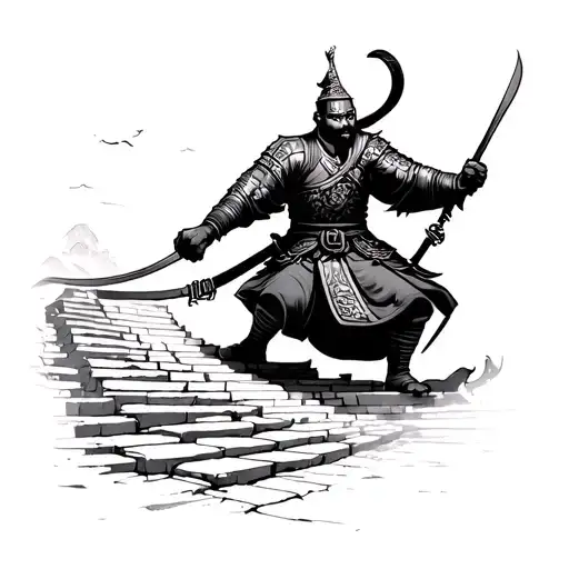 Chinese warrior who climbs a very steep staircase by sluming to get to a semi -open gate that represent tattoo design idea