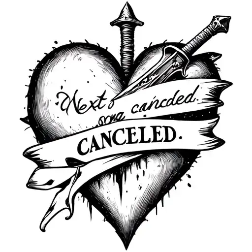 "Next song cancelled " "Next song cancelled " "Next song cancelled " empty heart with a dagger running threw it and a banner  tattoo design idea