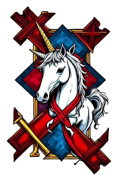 a unicorn inside Saint Andrew's cross surrounded tattoo design idea