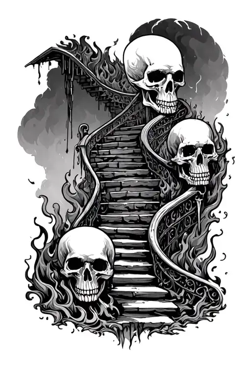 Black and white tattoo stencil of the stairway to heaven with skulls and the firery depths of hell at the base up at the tattoo design idea