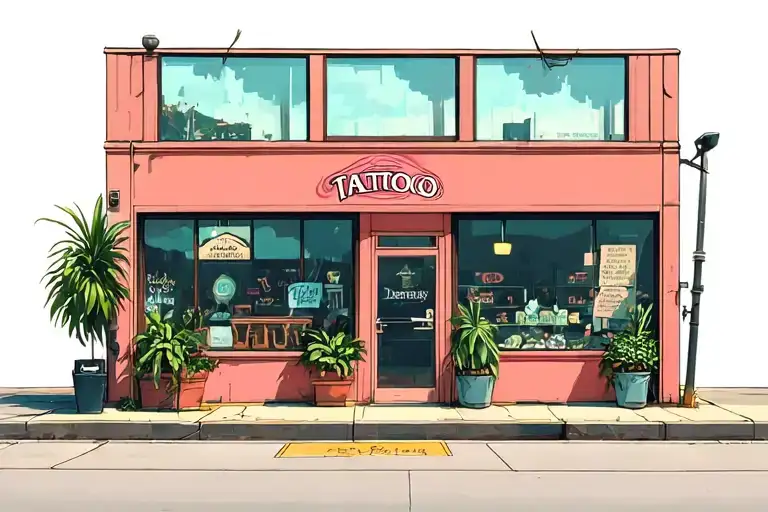 outside of 2 story tattoo shop with big windows and plants inside them tattoo design idea