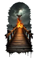 old worn down wooden bridge with a reaper far away nearly out of sight broken planks and fire tattoo design idea