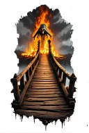 old worn down wooden bridge with a reaper far away nearly out of sight broken planks and fire tattoo design idea