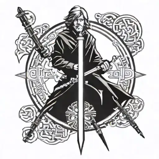 In the center cross the silhouettes of Luke Skywalker's lightsaber and Albus Dumbledore's elder wand.  tattoo design idea