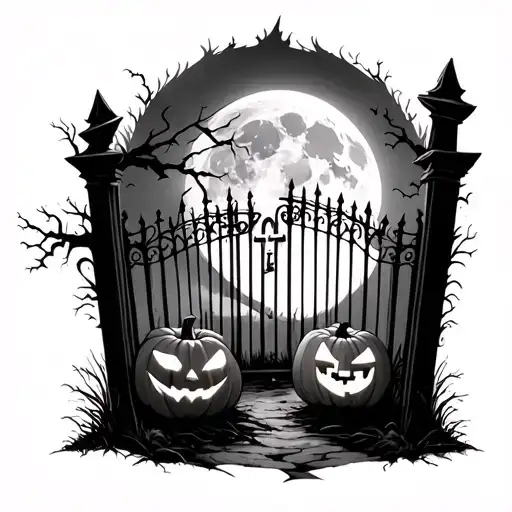 halloween, Pumpkin, cemetery gates and moon light  tattoo design idea