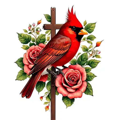 cross and roses with a red cardinal perched tattoo design idea