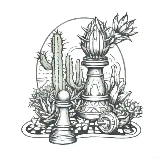 a bishop chess piece among cactuses on a field  tattoo design idea