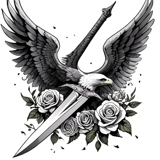 angel wings with sword and roses with eagle soaring tattoo design idea