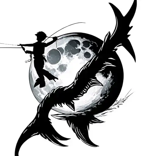 brush stroke cresent moon resembling dreamworks logo with boy fishing  tattoo design idea