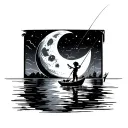 brush stroke cresent moon resembling dreamworks logo with boy fishing  tattoo design idea