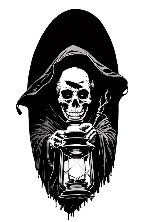 The hermit tarot walking sideways in darkness holding lantern emitting light. Skull face cloaked in hood tattoo design idea
