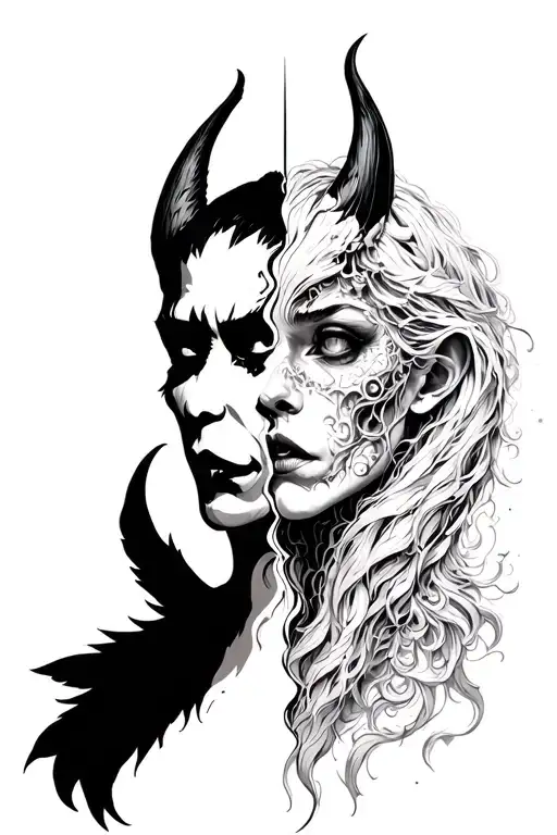 split personality demon half angel tattoo design idea