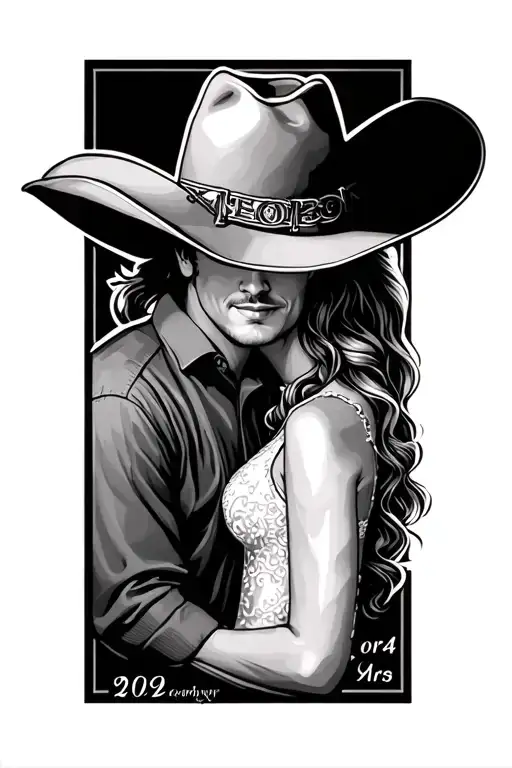 a memorial piece for parents including a cowboy hat and cowgirl hat side by and dates. this should be a tattoo for man   tattoo design idea