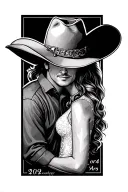 a memorial piece for parents including a cowboy hat and cowgirl hat side by and dates. this should be a tattoo for man   tattoo design idea