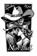 a memorial piece for parents including a cowboy hat and cowgirl hat side by and dates. this should be a tattoo for man   tattoo design idea