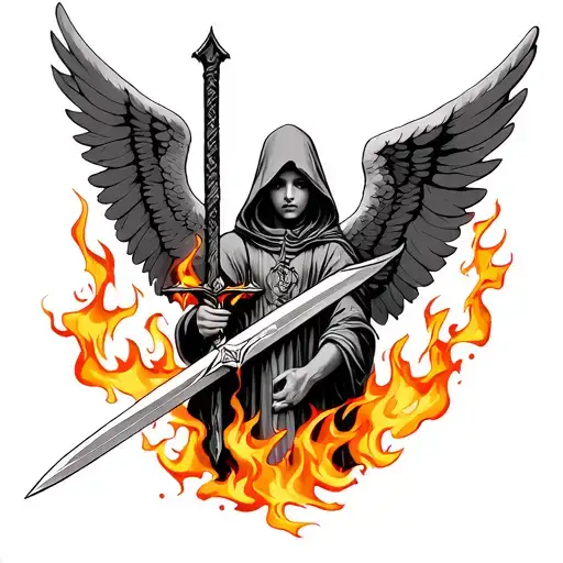 hooded angel holding sword surrounded by flames tattoo design idea