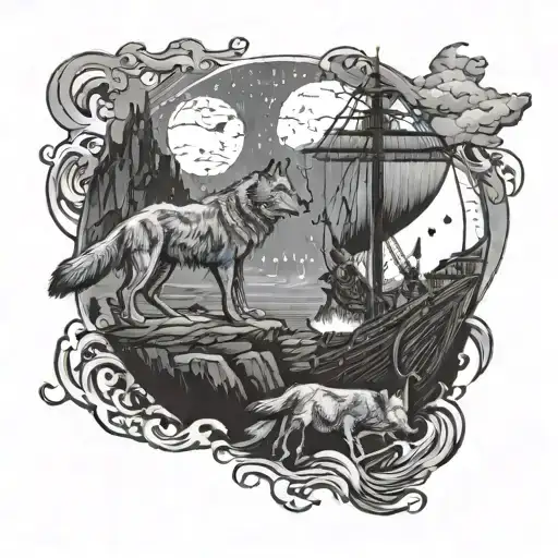 wolves on a cliff at the edge of the sea with a pirate ship under the aurora borealis tattoo design idea