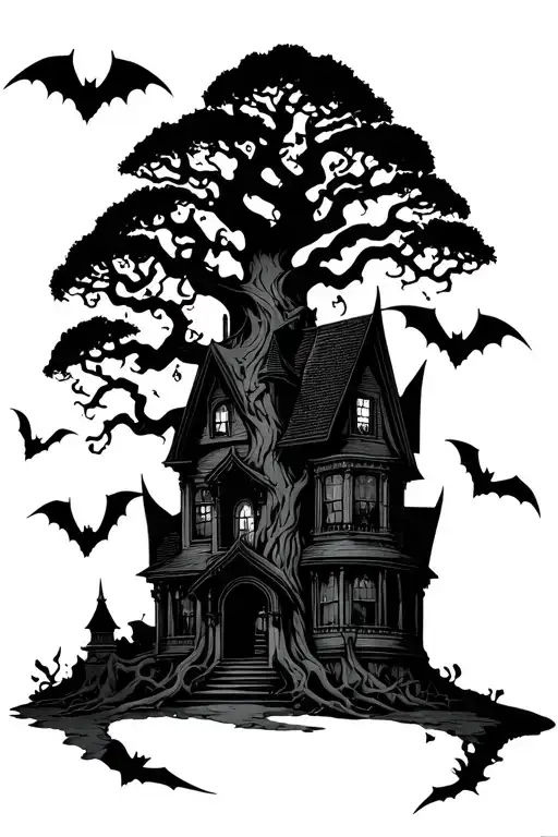 poison tree with bats flying by a haunted mansion tattoo design idea