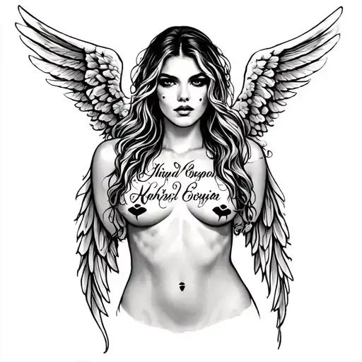 khloe angel written on chest with kiss marks tattoo design idea