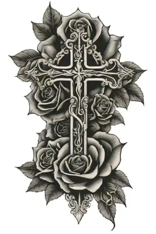 crosses and roses god first letter tattoo design idea