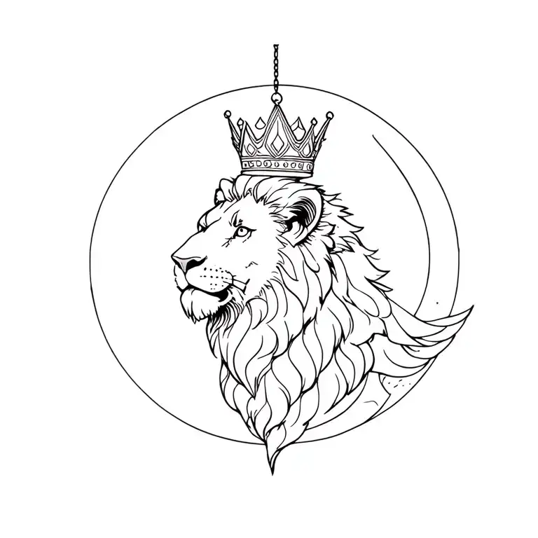 lion wearing a hanging crown and the moon in the background tattoo design idea