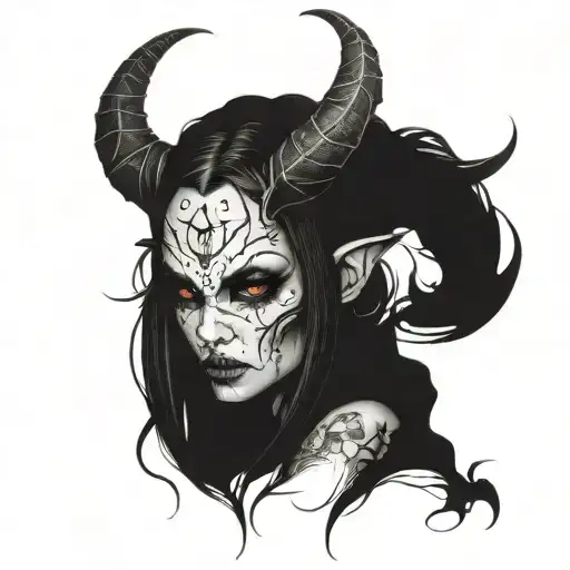 A full black, dark and expressive tattoo depicting a succubus woman whose face is indistinct, shrouded tattoo design idea