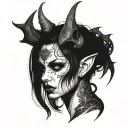 A full black, dark and expressive tattoo depicting a succubus woman whose face is indistinct, shrouded tattoo design idea
